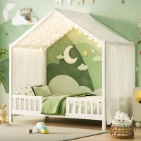 Twin House-Shaped Toddler Bed with 4 High Guard Railings & Roof Frame, Montessori Floor Bed with Canopy, 78.5'' L x 41.5'' W x 78'' H, White(m-1)