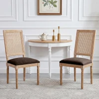 Set for 2 Dining Chairs with Rectangular Cane Backrest and Padded Seat, Cane Back Dining Seating with Fluted Legs, 20'' L x 22'' W x 39.5'' H, Brown(m-1)
