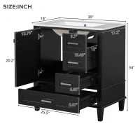 Modern Bathroom Vanity Sink Combo with Solid Wood Frame, Free-Standing Cabinet for Contemporary Bathrooms, 30'' L x 18.5'' W x 34'' H, Black(m-3)