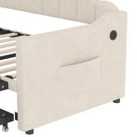 Upholstered Twin Size Daybed with Height-Adjustable Pop-Up Trundle, Lift-Up Trundle Bed with Type-C Charging Port, 82.5'' L x 41'' W x 40'' H, Beige(m-7)
