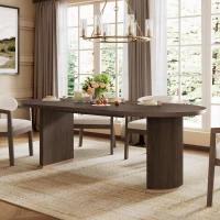 Oval Double Pedestal Dining Table with Semi-Cylindrical Pedestal Bases, Walnut Wood Kitchen Table Vertical Grooves, 88'' L x 40'' W x 30'' H, Walnut(m-1)
