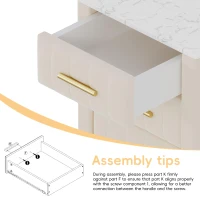 Upholstered Nightstand with 3 Drawers, Marble-Effect Top and Metal Legs, Beige Beside Table with Plywood Frame, 16.5'' L x 16.5'' W x 22'' H, Beige(m-4)