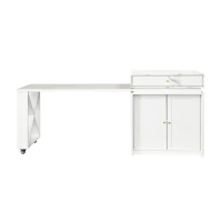 Modern Bar Table with 4-in-1 Extendable Pull-Out Table and Lockable Wheels, Kitchen Island with Adjustable Shelf, 82.5" L x 32.5" W x 28" H, White(m-2)