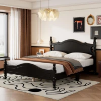 Queen Size Platform Bed with Retro Headboard and 10 Plywood Slats, Durable Bed Frame with Plywood Construction, 85'' L x 62.5'' W x 39.5'' H, Black(m-1)