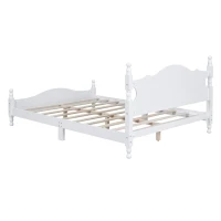 Queen Size Wood Platform Bed with Retro Headboard and 10 Slats, White Wood-Finished Bed Frame with Plywood, 85'' L x 62.5'' W x 39.5'' H, White(m-12)