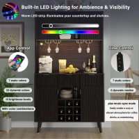 High Bar Cabinet with Smart LED Lighting (App & Music-Sync), Spacious Storage Cabinet with 9-Bottle Wine Rack, 42" L x 12" W x 72" H, Walnut(m-4)