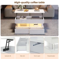 Sleek Lift-Top Coffee Table with LED Ambient Lighting, Modern Center Table with Height-Adjustable, 39.5" L x 19.5" W x 18" H, White(m-4)