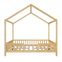 Full-Size Montessori Floor Bed with High Guard Railings, Natural Finish Bed Frame for Kid-Friendly Room, 78.5'' L x 56.5'' W x 78'' H, Natural(m-11)