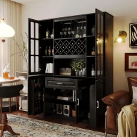 Tall Wine Cabinet with Wine Rack and Stemware Holder, 4-Door Storage Cabinet with Semi-Open Shelf, 52" L x 15.5" W x 74" H, Black(m-8)
