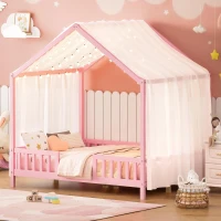 Montessori Full-Size House-Shaped Bed with Lightweight Polyester Canopy, Soft Pink Platform Bed for Child’s Room, 78.5'' L x 56.5'' W x 78'' H, Pink(m-1)