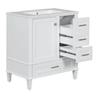 Modern Bathroom Vanity with Sink Combo, Solid Wood Frame, Cabinet with Soft-Close Door and 3 Drawers, 30" L x 18" W x 34" H, White(m-12)