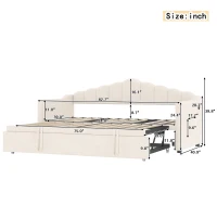 Upholstered Twin Size Daybed with Height-Adjustable Pop-Up Trundle, Lift-Up Trundle Bed with Type-C Charging Port, 82.5'' L x 41'' W x 40'' H, Beige(m-3)