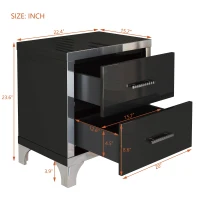 Elegant High Gloss Nightstand with Mirrored Front and 2 Drawers, Stylish Bedside Table for Large Bedrooms, 22.5'' L x 15.5'' W x 23.5'' H, Black(m-3)