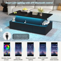 Sleek Lift-Top Coffee Table with Hydraulic Lift and App-Controlled LED Lighting, Versatile Center Table with Hidden Storage, 39.5" L x 19.5" W x 15.5" H, Black(m-6)