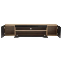 Wall-Mounted TV Cabinet with High-Gloss Front, 3-Tier Storage TV Stand with Fold-Down Flap Door, 65" L x 14.5" W x 14" H, Black+Natural(m-12)
