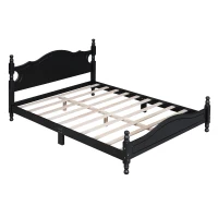 Queen Size Platform Bed with Retro Headboard and 10 Plywood Slats, Durable Bed Frame with Plywood Construction, 85'' L x 62.5'' W x 39.5'' H, Black(m-9)