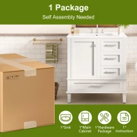 Solid Bathroom Vanity with Single Sink & Built-In Door Shelves, Free-Standing Cabinet with Partitioned Drawer, 30'' L x 18.5'' W x 34'' H, Black(m-9)