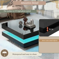 Square High-Gloss Coffee Table with App-Controlled LED Lighting, Modern Center Table with Double-Layer Storage, 27.5" L x 27.5" W x 14" H, Black(m-6)