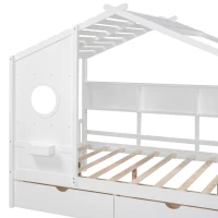 Full Size House Bed with Playful Pitched-Roof and Back Shelf, Wooden House Bed Frame with Sturdy Pine, 78'' L x 58'' W x 72'' H, White(m-6)