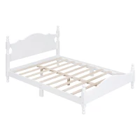 Full Size Platform Bed with 10 Plywood Slats and Wood-Finished Headboard, Retro-Style Bed Frame with Plywood, 80'' L x 56'' W x 39.5'' H, White(m-9)