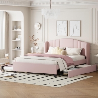 Upholstered Platform Bed with Wingback Headboard and Twin Trundle, Queen Size Bed Frame with Wooden Slat System, 86'' L x 65'' W x 43'' H, Pink