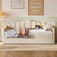 Upholstered Twin Size Daybed with Height-Adjustable Pop-Up Trundle, Lift-Up Trundle Bed with Type-C Charging Port, 82.5'' L x 41'' W x 40'' H, Beige(m-6)