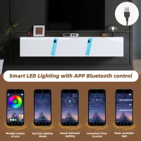 Wall-Mounted TV Stand with App-Controlled LED, Space-Saving TV Cabinet with Translucent Acrylic Panel, 65" L x 13.5" W x 12" H, White(m-6)