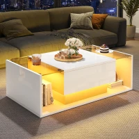 High-Gloss Coffee Table with Tempered Glass Storage, Compact Center Table with Semi-Open Shelf, 39.5″ L x 19.5″ W x 12″ H, White(m-1)