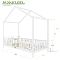 Twin House-Shaped Toddler Bed with 4 High Guard Railings & Roof Frame, Montessori Floor Bed with Canopy, 78.5'' L x 41.5'' W x 78'' H, White(m-3)