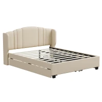 Upholstered Queen Platform Bed with Wingback Headboard and 2 Storage Drawers, Multi-Functional Bed Frame with Wood Slat, 86'' L x 65'' W x 43'' H, Beige(m-6)