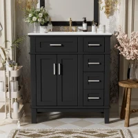 Free-Standing Bathroom Vanity with Ceramic Undermount/Drop-In Sink, Modern Storage Cabinet for Small Condos, 30'' L x 18'' W x 34'' H, Black(m-10)
