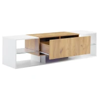 3-Tier TV Stand with App-Controlled LED Lighting and Glass Shelves, Sturdy TV Cabinet with 2 Drawers, 63" L x 15.5" W x 16.5" H, White+Natural(m-2)