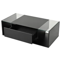 High-Gloss Coffee Table with Tempered Glass Storage, Compact Center Table with Semi-Open Shelf, 39.5″ L x 19.5″ W x 12″ H, Black(m-10)