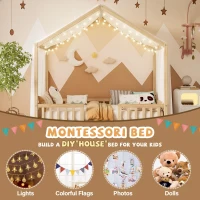 Full-Size Montessori Floor Bed with High Guard Railings, Natural Finish Bed Frame for Kid-Friendly Room, 78.5'' L x 56.5'' W x 78'' H, Natural(m-5)
