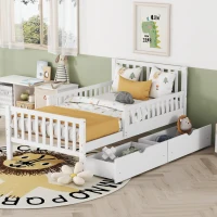 Twin Wood Platform Bed with 2 Under-Bed Storage Drawers, Solid Bed Frame for Children or Restless Sleepers, 77.5'' L x 42'' W x 34.5'' H, White(m-4)