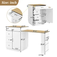Stylish Mobile Bar Table with Extendable Countertop, Spacious Kitchen Counter with Storage Shelf, 73″ L x 27.5″ W x 41.5″ H, White+Natural(m-3)