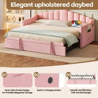 Twin-Size Upholstered Daybed with Height-Adjustable Pop-Up Trundle, Space-Saving Trundle Bed with 2 Side Pockets, 82.5'' L x 41'' W x 40'' H, Pink(m-4)