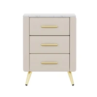 Upholstered Nightstand with 3 Drawers, Marble-Effect Top and Metal Legs, Beige Beside Table with Plywood Frame, 16.5'' L x 16.5'' W x 22'' H, Beige(m-2)