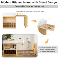 Modern Bar Table with 4-in-1 Extendable Pull-Out Table and Lockable Wheels, Kitchen Island with Adjustable Shelf, 82.5" L x 32.5" W x 28" H, White(m-5)