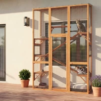 PawHut Outdoor Catio Cat Enclosure, Large Wooden Cat House with 6 Jumping Platforms, Scratching Post, 2 Ramps, for 2-3 Kittens(m-10)