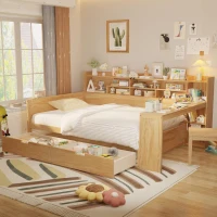 Wooden Full Size Daybed with Built-In Study Desk and 2 Storage Drawers, Space-Saving Guest Bed with Side Shelving, 91.5'' L x 65'' W x 45'' H, Natural(m-5)