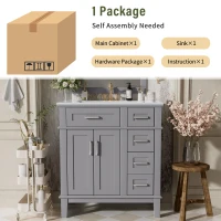 Free-Standing Bathroom Vanity with Ceramic Undermount/Drop-In Sink, Modern Storage Cabinet for Small Condos, 30'' L x 18'' W x 34'' H, Grey(m-9)
