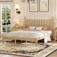 Queen Size Wood Platform Bed with Retro Gourd-Shaped Headboard, Solid Bed Frame for Eclectic Bedrooms, 84.5'' L x 63.5'' W x 45'' H, Natural(m-6)