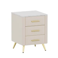Upholstered Nightstand with 3 Drawers, Marble-Effect Top and Metal Legs, Beige Beside Table with Plywood Frame, 16.5'' L x 16.5'' W x 22'' H, Beige(m-10)