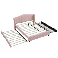 Upholstered Platform Bed with Wingback Headboard and Twin Trundle, Queen Size Bed Frame with Wooden Slat System, 86'' L x 65'' W x 43'' H, Pink(m-7)
