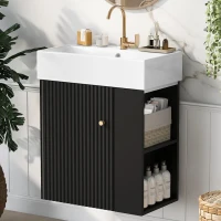 Modern Floating Bathroom Vanity with Ceramic Basin and Right Side Storage, Cabinet with Gold Handle, 21.5" L x 12" W x 26.5" H, Black+White(m-2)