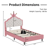 Twin Princess Platform Bed with Crown-Shaped Tufted Headboard, Crown Fantasy Bed Frame with Plywood Frame, 77.5'' L x 41'' W x 48.5'' H, Pink(m-3)