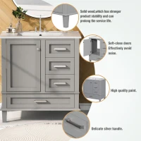 Modern Bathroom Vanity with Sink Combo, Solid Wood Frame, Ample Storage Cabinet with Soft-Close Door, 30" L x 18" W x 34" H, Grey(m-6)