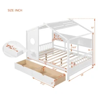 Full Size House Bed with Playful Pitched-Roof and Back Shelf, Wooden House Bed Frame with Sturdy Pine, 78'' L x 58'' W x 72'' H, White(m-3)