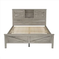3-Piece Queen Bedroom Set with Sliding Door Storage Headboard, Rustic Platform Bed Set with Built-In Socket, 88.5'' L X 62.5'' W X 40.5" H, Antique Gray(m-13)